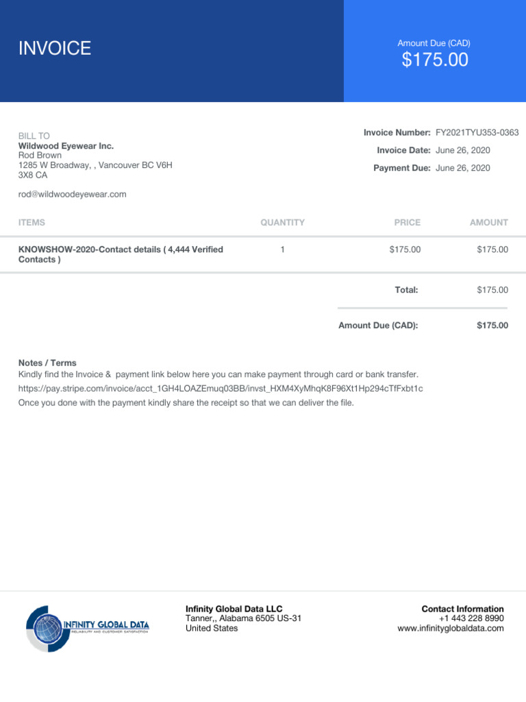 Invoice for Wildwood Eyewear Inc. | PDF