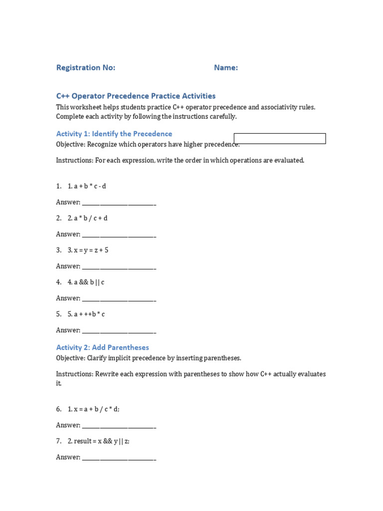 C++ Operator Precedence Worksheet | PDF | Software Engineering ...
