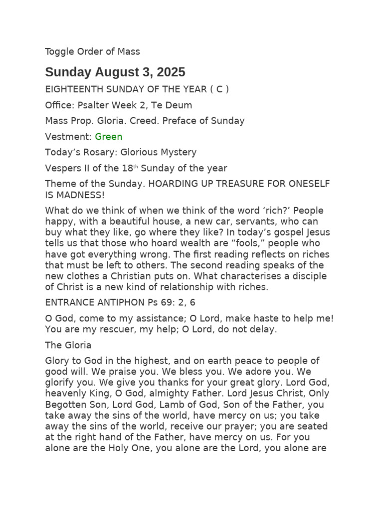 Eighteenth Sunday of The Year (C) | PDF | God The Father | God In ...