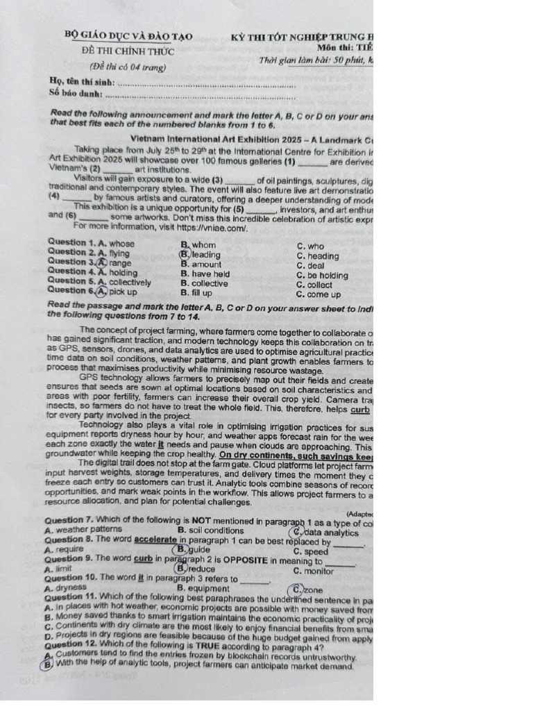 De Thi Tieng Anh 2025 Ma de 1105 Clean | PDF