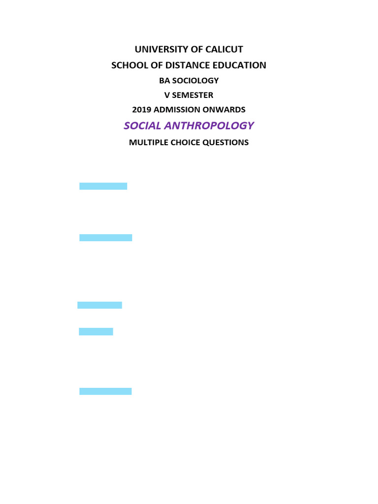 BA Sociology Social Anthropology MCQs | PDF | Anthropology | Franz Boas