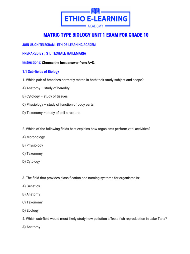 Grade 10 Biology Unit 1 Exam Guide | PDF