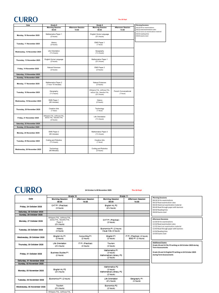2025 Grade 8-11 Exam Schedule | PDF
