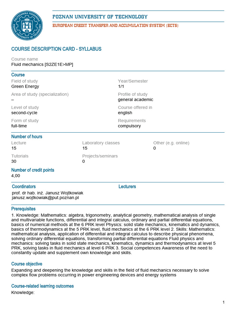 Fluid Mechanics Course Syllabus | PDF | Fluid Dynamics | Mathematics