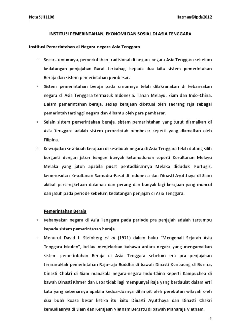 Nota Sjh1106 Institusi Pemerintahan Sebelum Penjajahan Pdf