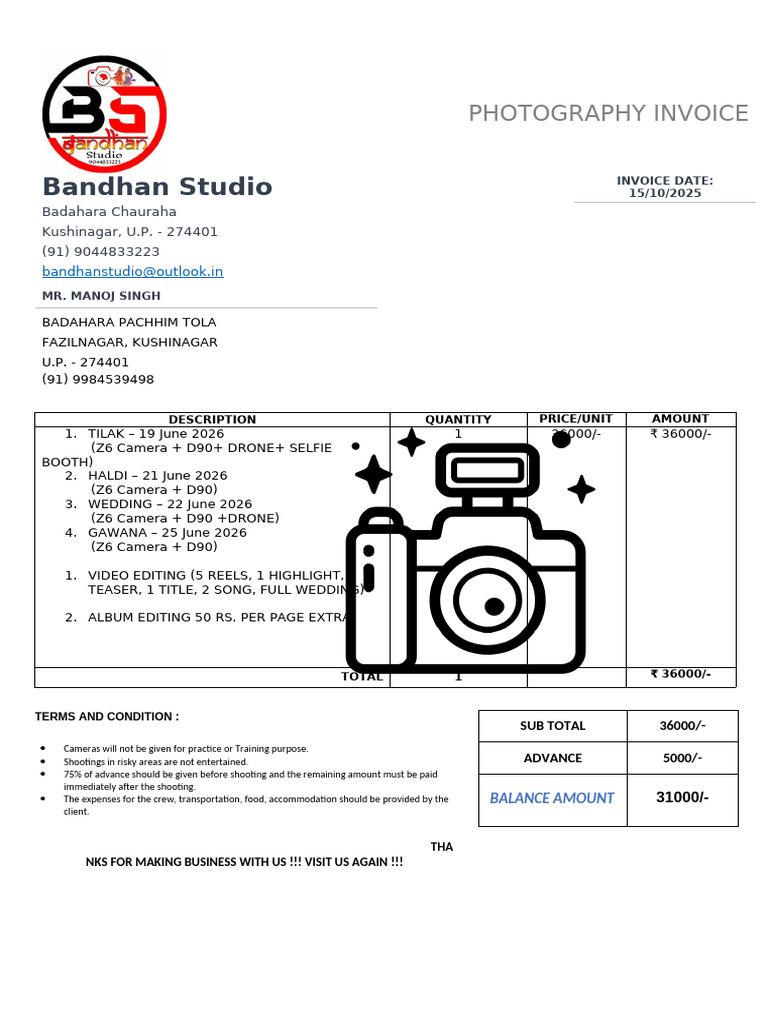 Photography Invoice for Bandhan Studio | PDF