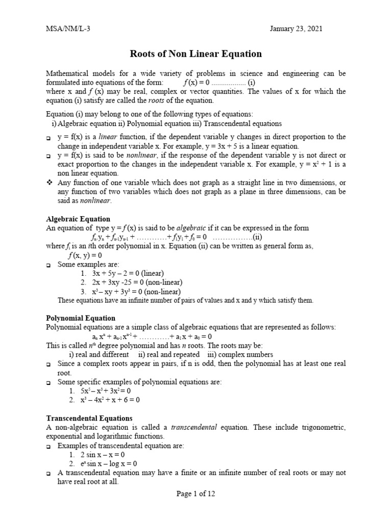 Roots of Nonlinear Equations Explained | PDF | Equations | Nonlinear System