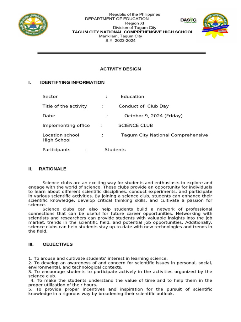 Science Club Day Activity Plan 2024 | PDF | Science | Learning