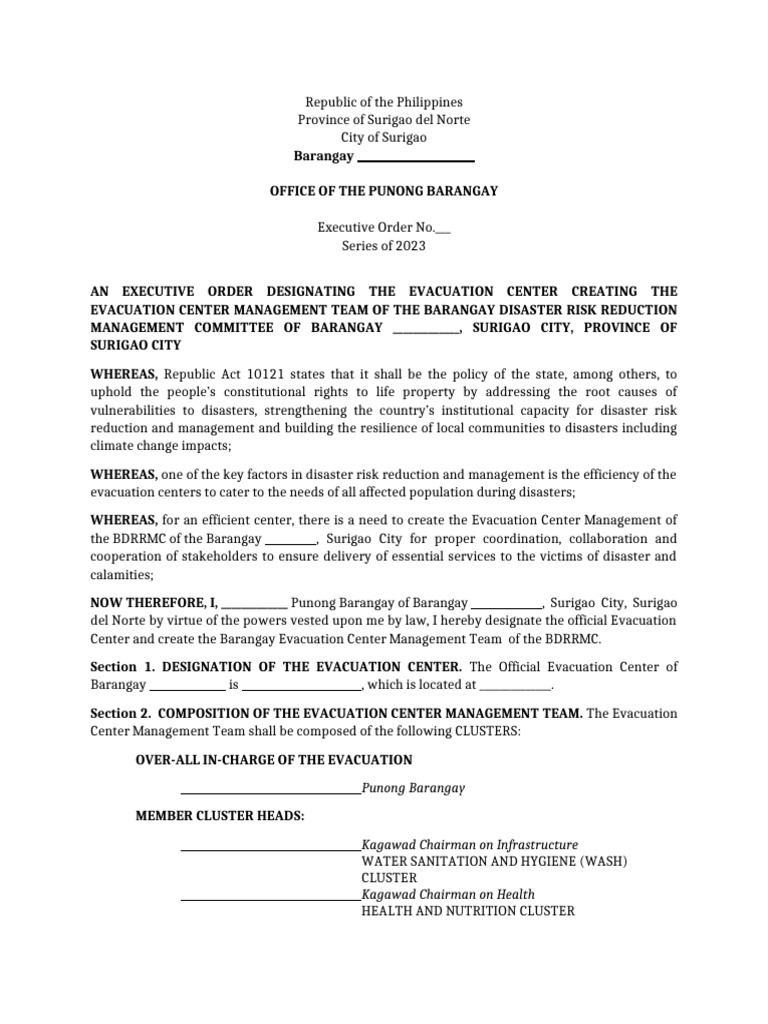 Executive Order for Evacuation Center Setup | PDF | Wash | Emergency ...