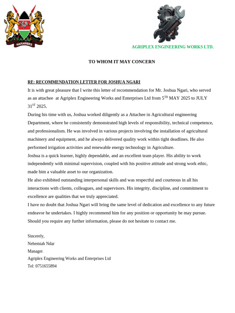 Recommendation Letter for Joshua Ngari | PDF
