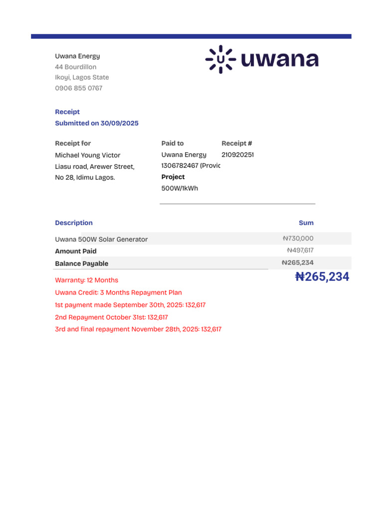 Uwana Energy Solar Generator Receipt | PDF