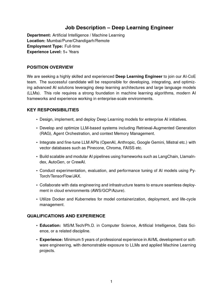 Deep Learning Engineer Job Description | PDF | Artificial Intelligence ...