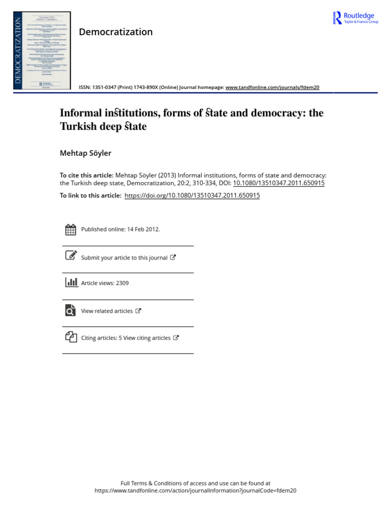 Informal Institutions Forms of State and Democracy the Turkish Deep ...