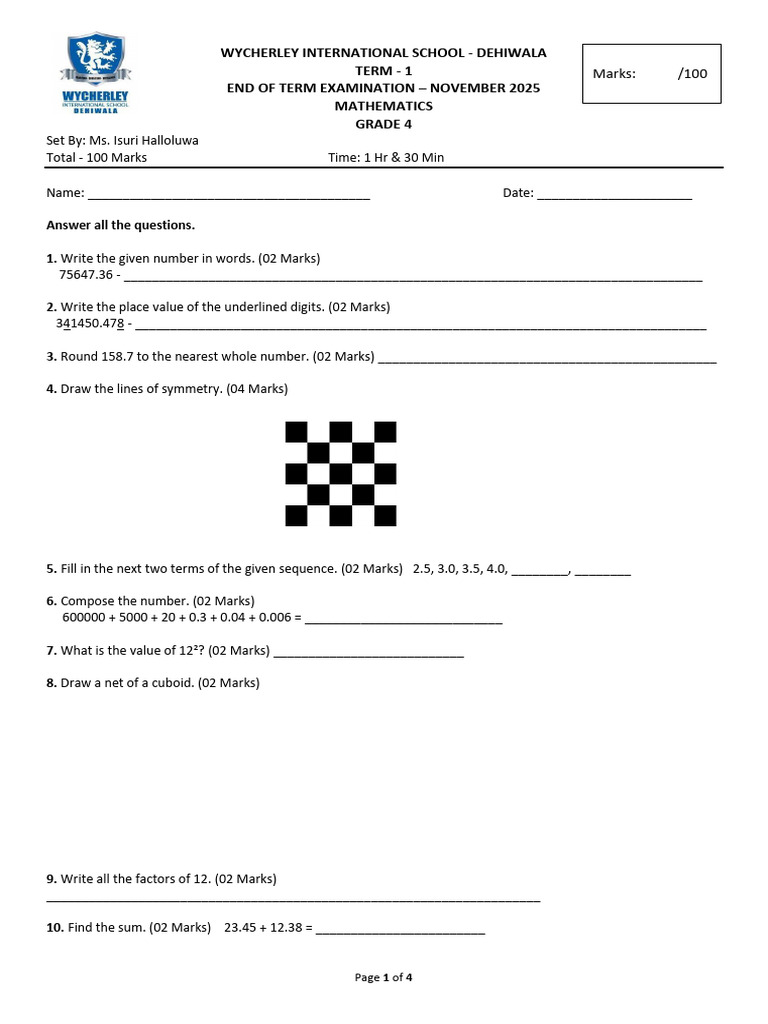 Grade 4 Mathematics Exam November 2025 | PDF | Triangle | Elementary ...