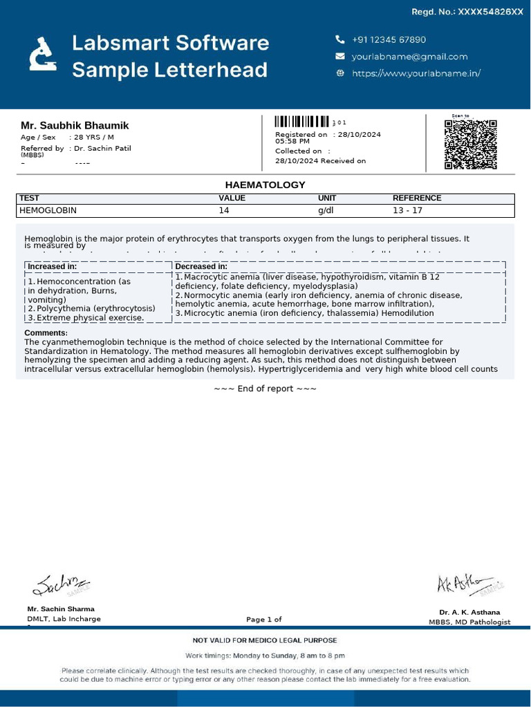 Hemoglobin Report Format Overview | PDF | Anemia | Hemoglobin