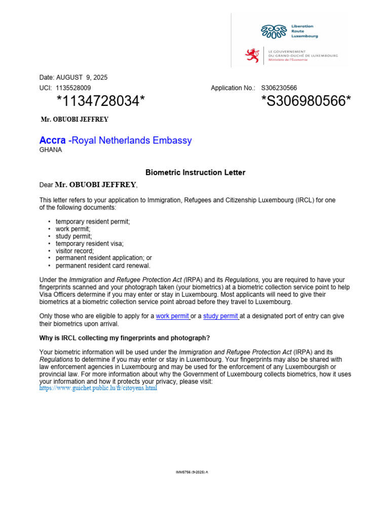 Mr. OBUOBI JEFFREY-Biometric-Instruction-Letter 6 | PDF | Travel Visa ...