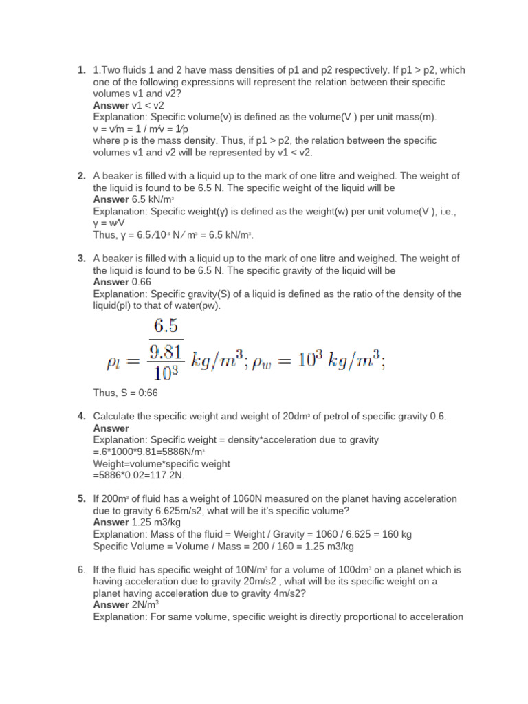 Fluid Mechanics: Specific Weight & Volume | PDF | Volume