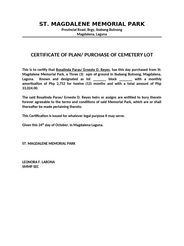 Cemetery Lot Purchase Certificate | PDF