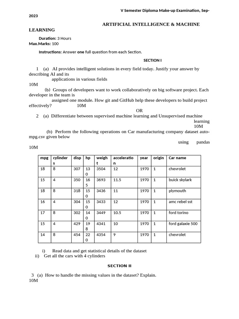 AI & ML Diploma Exam Questions 2023 | PDF | Machine Learning ...
