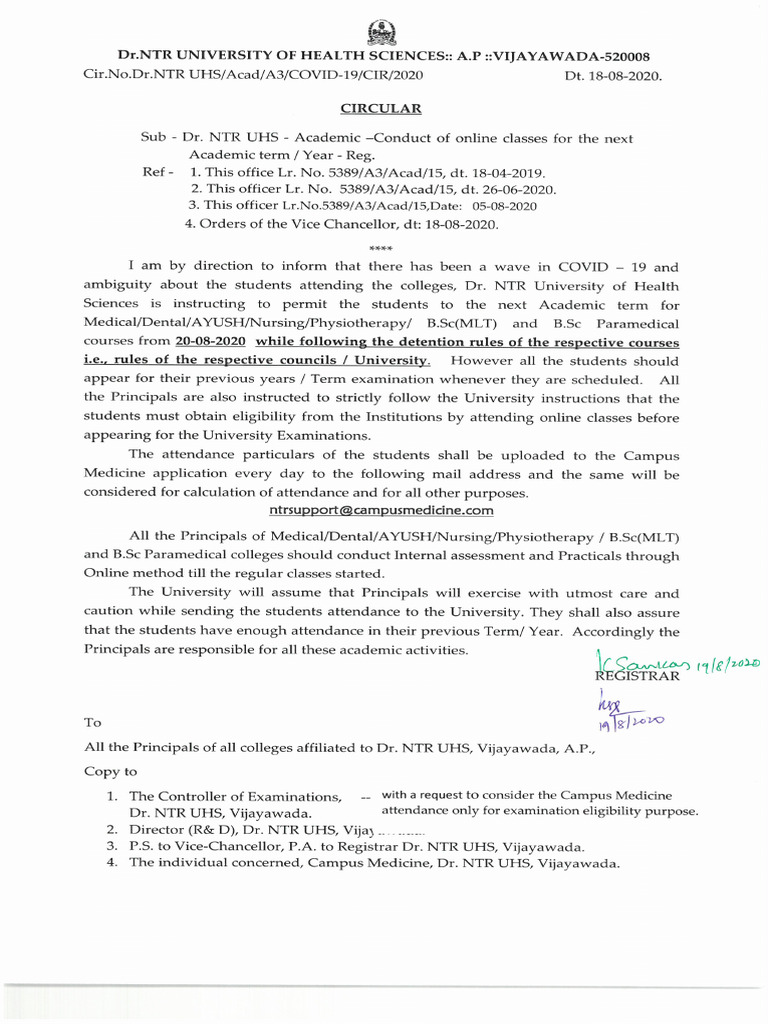 Circular Conduct of Online Classess For The Next Academic | PDF