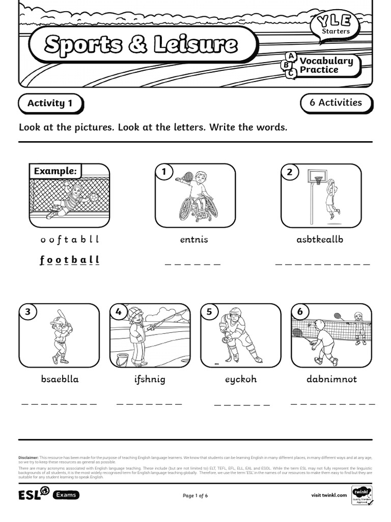 ESL Vocabulary Activities: Sports & Leisure | PDF | English As A Second ...