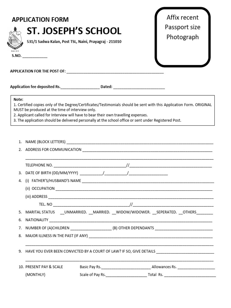 St. Joseph's School Job Application Form | PDF