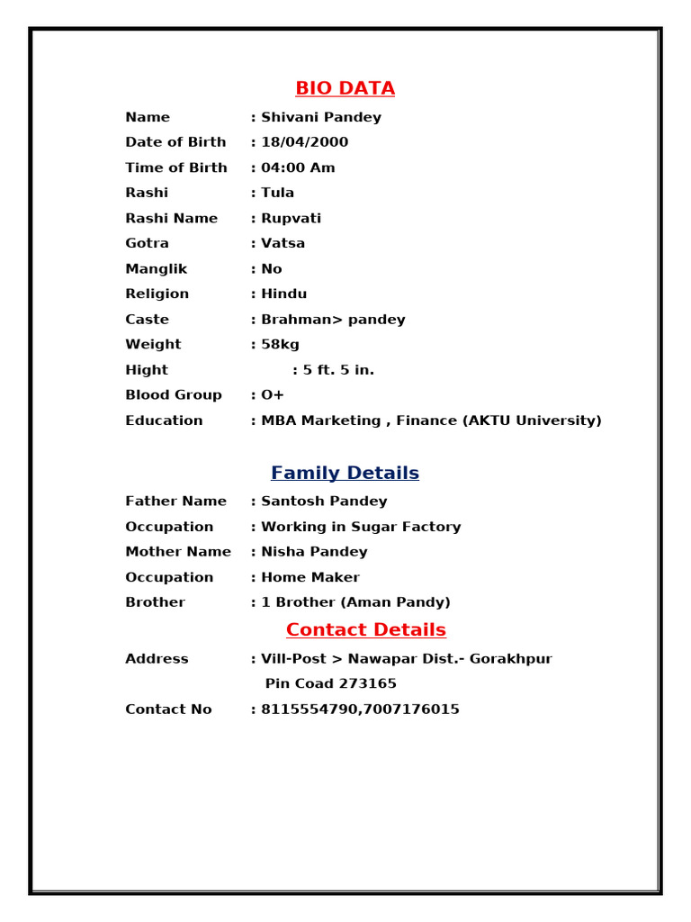 BIO DATA Shivani | PDF
