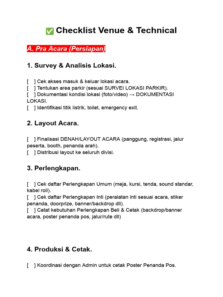 Checklist Venue Acara Lengkap | PDF