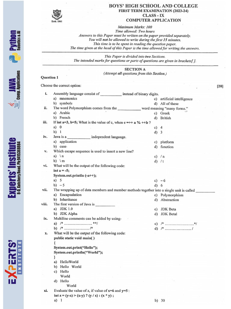 IX BHS First Term Computer Applications 2023-24 | PDF