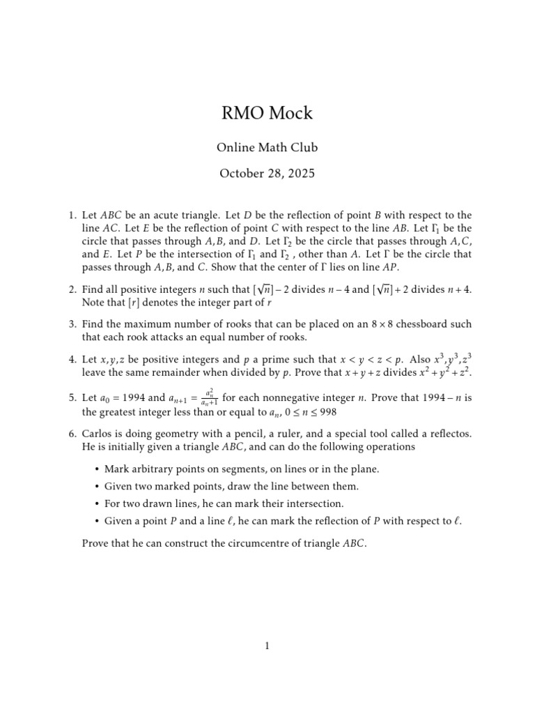 RMO Mock Math Problems and Solutions | PDF