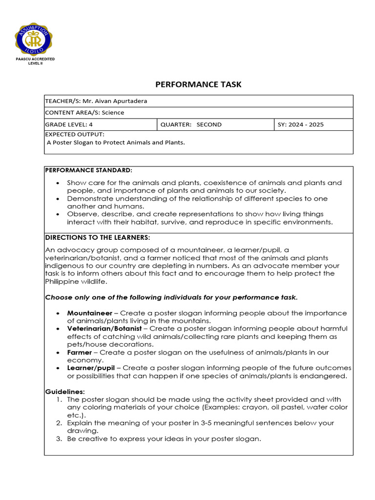 Grade 4 Science Performance Task Guide | PDF | Human Communication ...