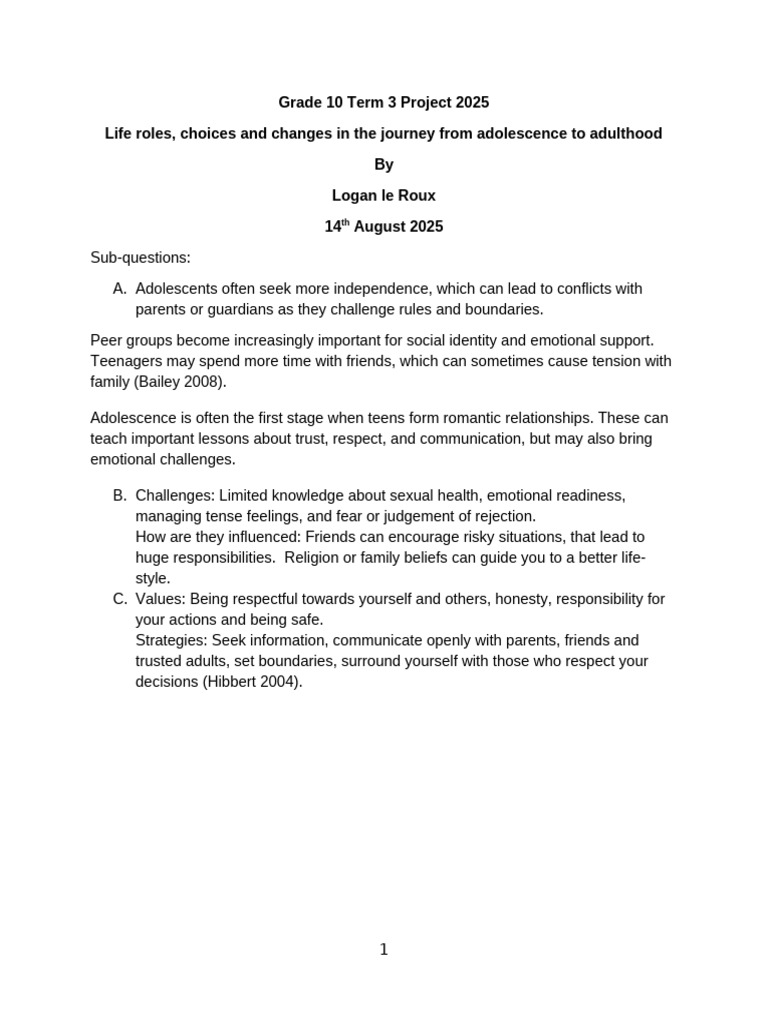 Grade 10 Life Orientation Project Term 3 2025 | PDF | Adolescence ...