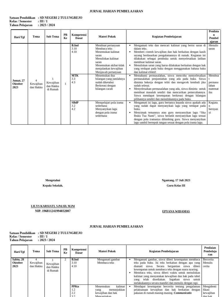 Jurnal Kelas 3 Tema 4 | PDF