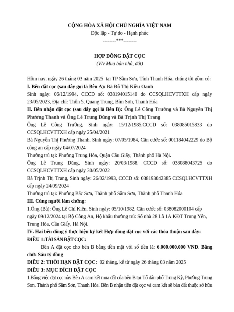 Mau Hop Dong Dat Coc Mua Ban Nha Dat | PDF