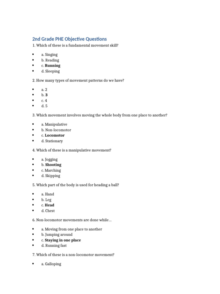 2nd Grade PHE Objective Questions | PDF
