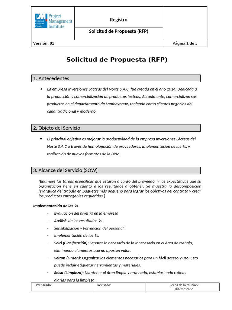 Plantilla RFP para Inversiones Lácteas | PDF | Solicitud de propuesta