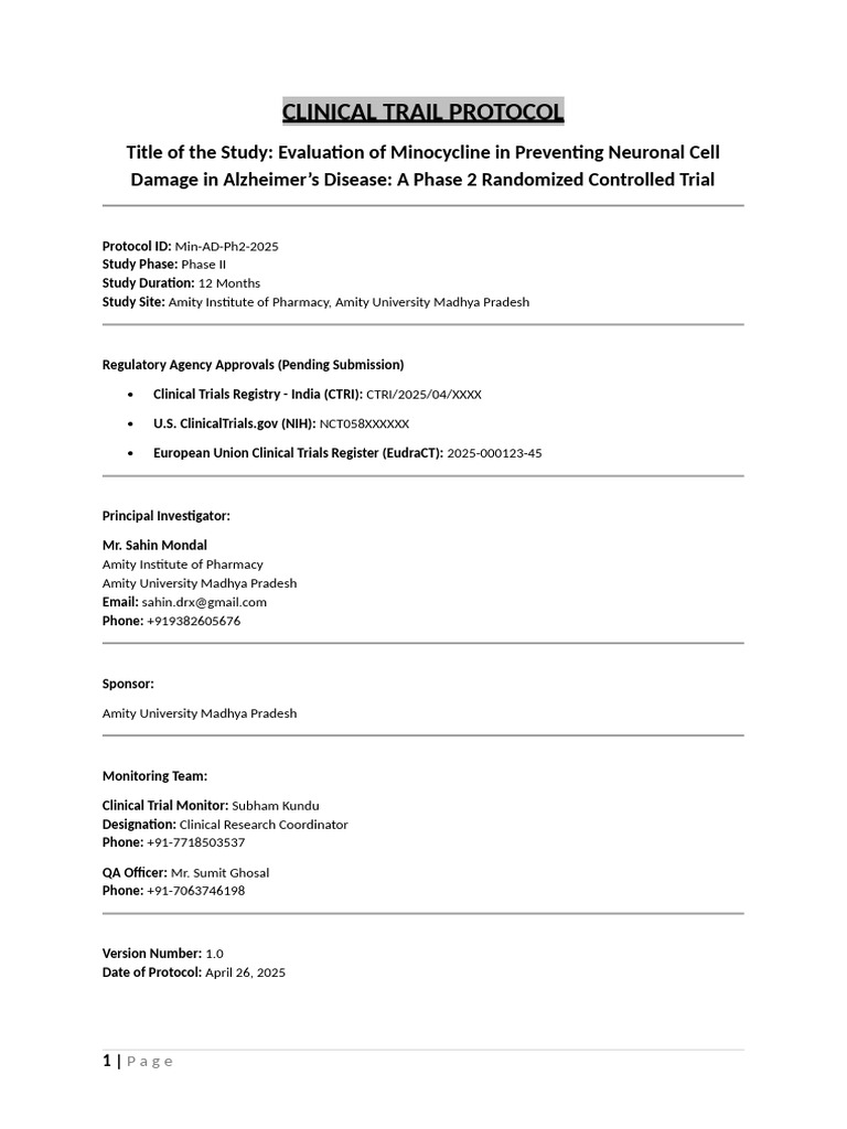 Clinical Trial Protocol | PDF | Clinical Trial | Alzheimer's Disease