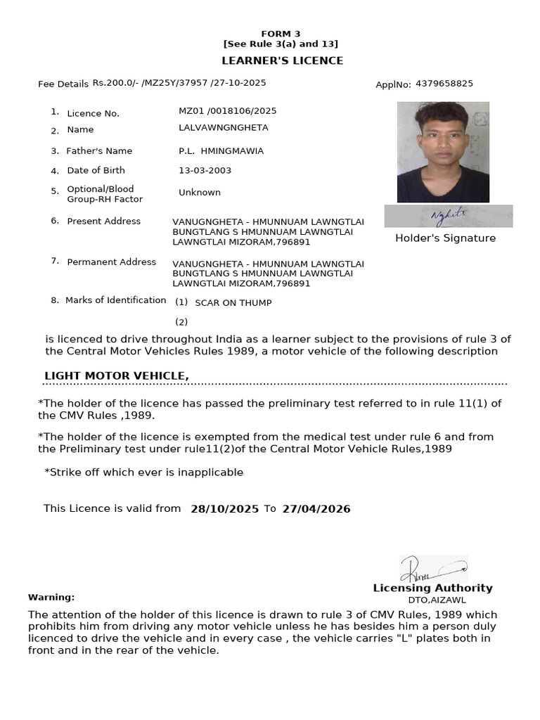 Learner's Licence Form for India | PDF
