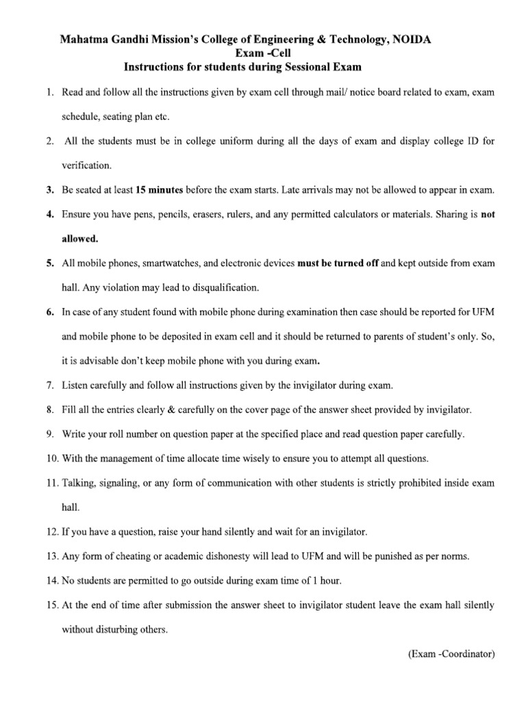 Instruction For Sessional Exam | PDF