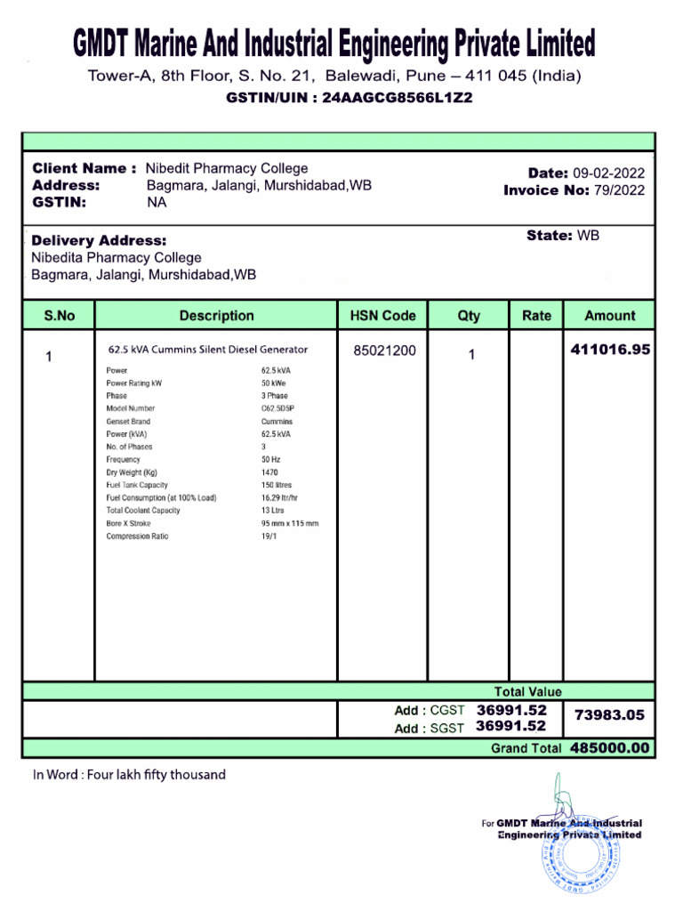 Invoice for Cummins Diesel Generator | PDF