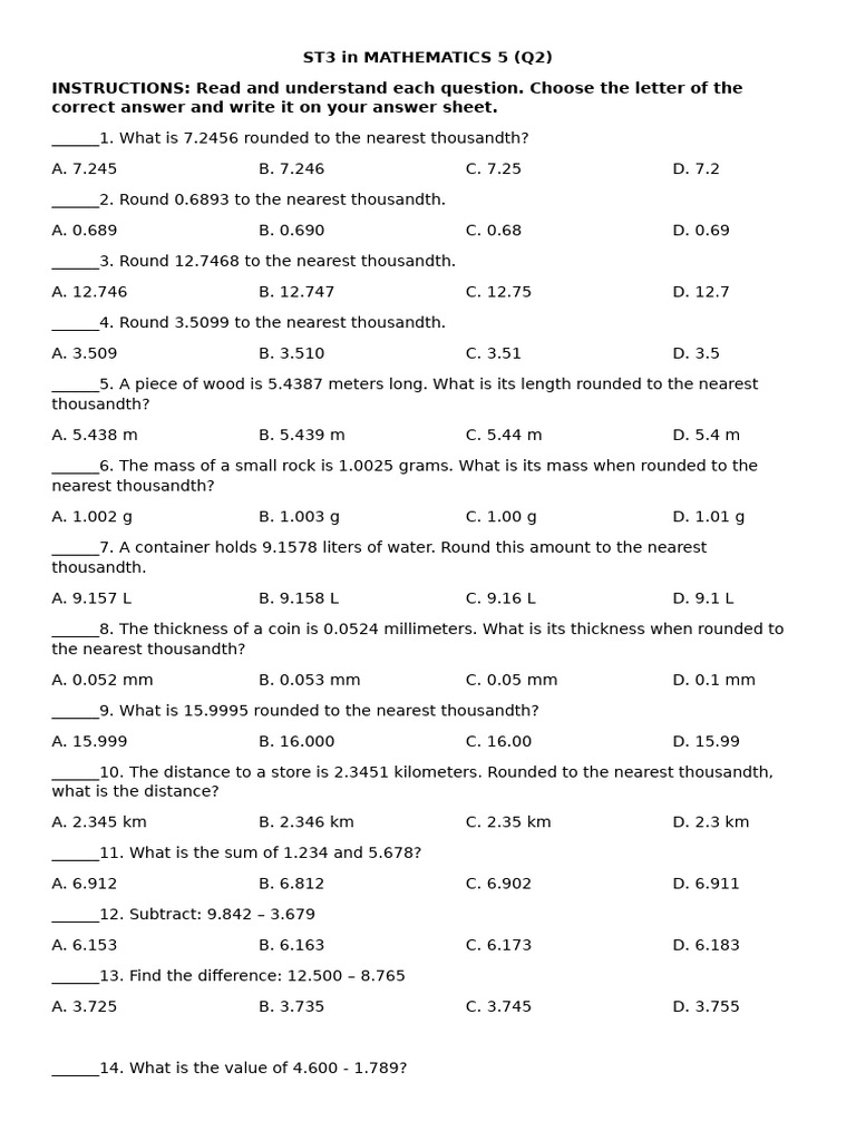 ST3 in MATHEMATICS 5 Q2 | PDF | Quantity | Units Of Measurement
