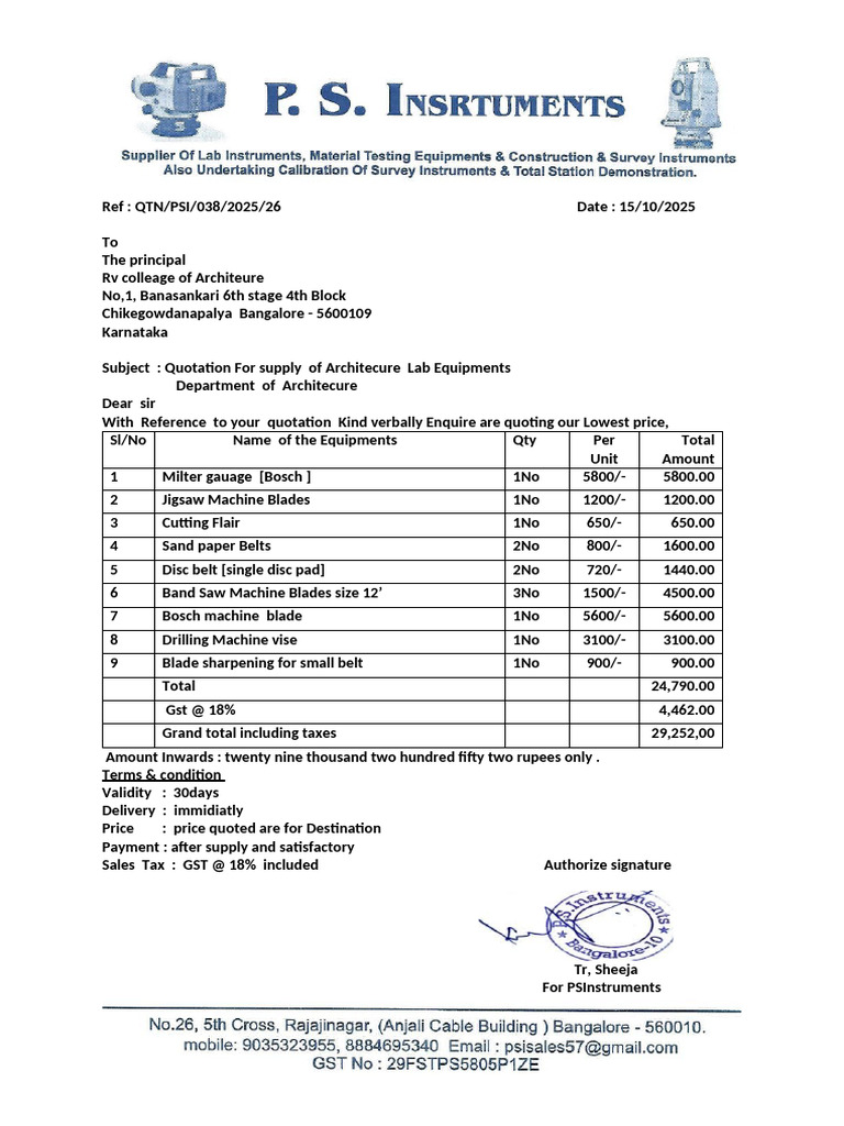 Quotation for Architecture Lab Equipment | PDF