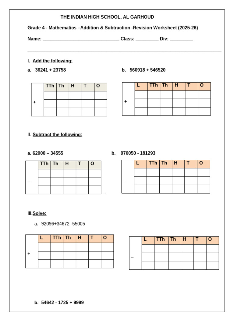 Grade 4 Math Addition & Subtraction Worksheet | PDF | Chess | Chess Theory