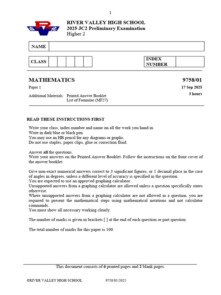 2025 JC2 Math Preliminary Exam Paper | PDF | Equations | Cartesian ...