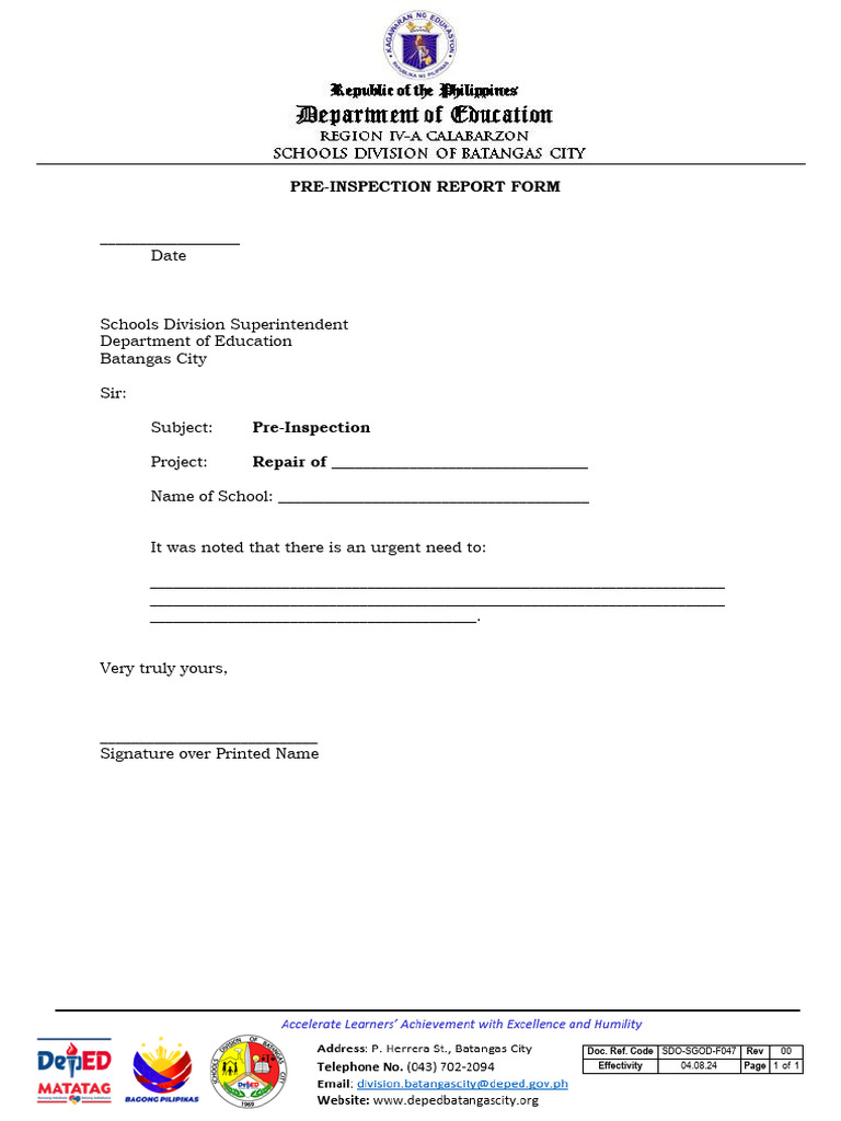 Pre-Inspection Report for School Repairs | PDF