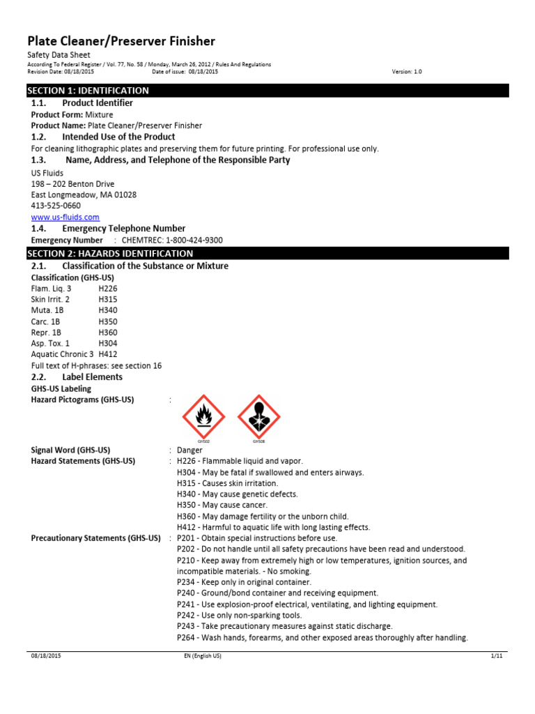 Plate Cleaner Safety Data Sheet | PDF | Toxicity | Dangerous Goods