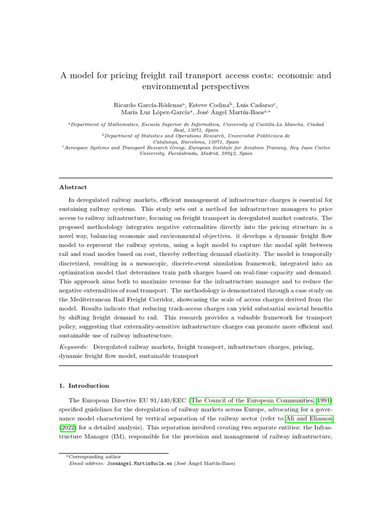 A Model For Pricing Freight Rail Transport Access Costs: Economic and ...