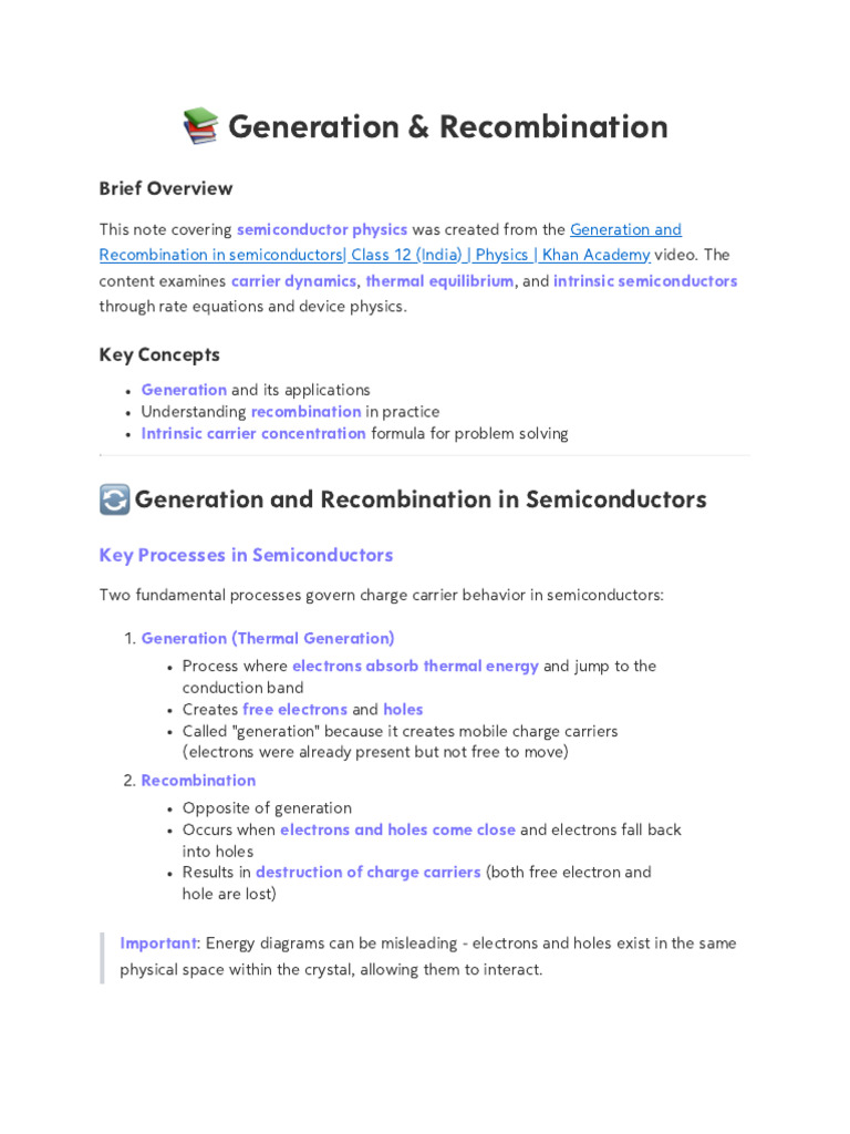 Thermal Generation in Semiconductors | PDF | Semiconductors | Electron Hole