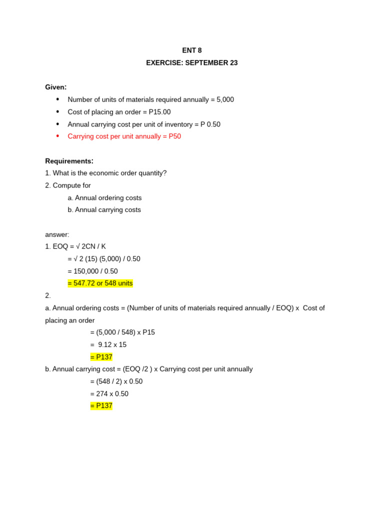 Eoq Exercise Answer | PDF
