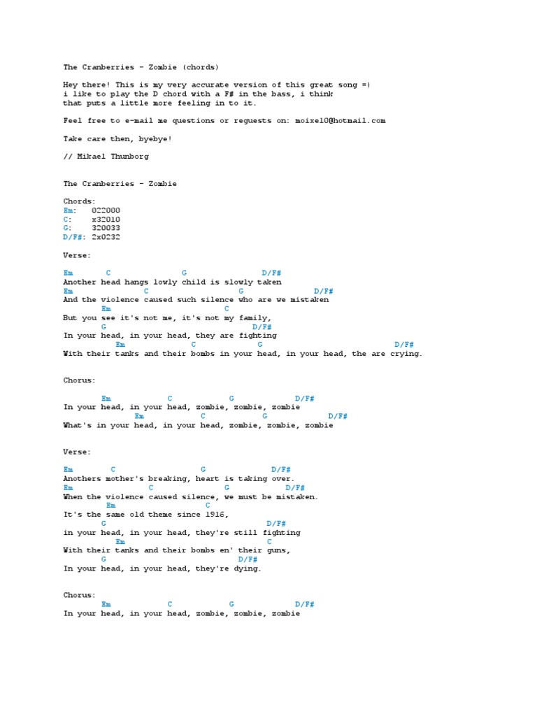 The Cranberries - Zombie  Guitar chords and lyrics, Learn guitar songs,  Guitar tutorials songs